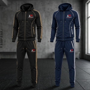 Ensemble de survêtement à capuche pour homme LONG MISSION, fermeture éclair intégrale, poches latérales, design sportif, vêtements d'hiver, 100% coton, coupe classique, uni - Product Image 1