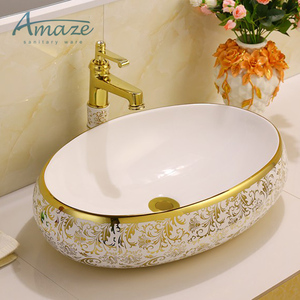 Vente directe <span class=keywords><strong>d</strong></span>'usine, vente en gros de sanitaires en céramique de luxe, lavabo ovale en céramique dorée pour salle de bain - Product Image 4