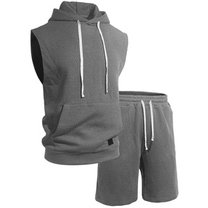 Ensemble gilet sans manches à capuche et short pour homme, couleur unie, tricot jacquard, tenue de sport décontractée pour les loisirs, kaki, noir, vert, gris, blanc - Product Image 3