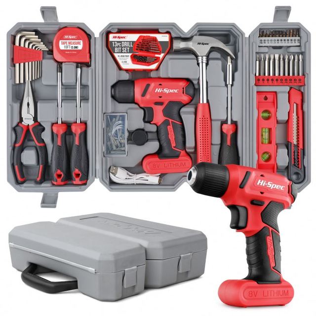 Professional 8V Cordless Drill Kit 57pc Home Repair Power Tool Set in Carbon Steel Including Tool Box and OEM ODM Hard Case