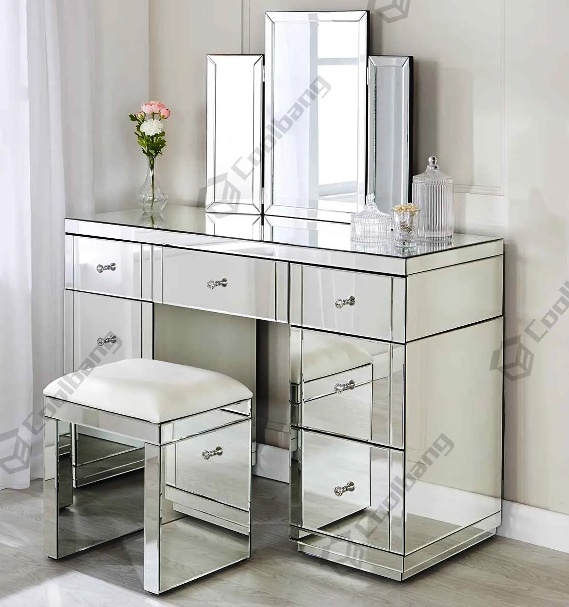 Modern Bedroom Furniture Vanity Mirrored Set Makeup Dressing Table With Mirror And Stool
