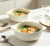 Bol à soupe en céramique blanche à double anse, grand bol simple, bol à nouilles de grande capacité de style japonais, grand bol et assiettes