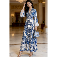 Robe Femme Luxe Léger Haut de Gamme Amincissante Vintage à Manches Cloche Taille Haute en Soie de Mûrier Imprimé Porcelaine Style Grande Balançoire