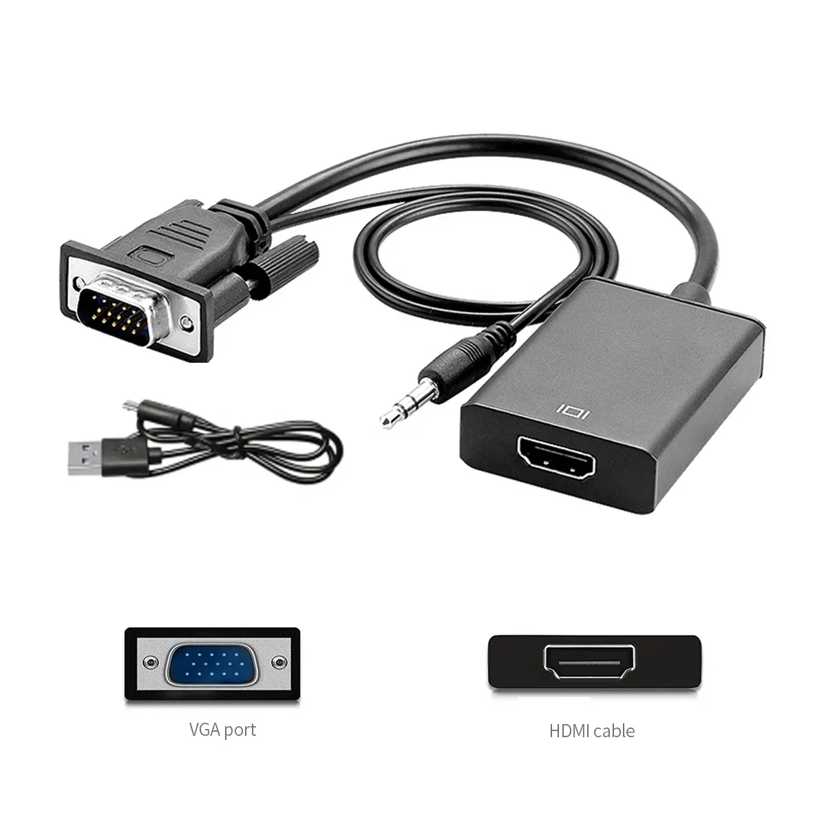 Black VGA to HDMI Cable with USB 3.5mm Stereo AV Cable Male to Female VGA to HDMI Convertor
