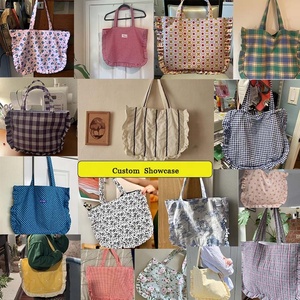 Tùy chỉnh Ruffle vai lớn túi kẻ sọc mô hình lớn Shopper túi cao cấp bông vải mua sắm Tote Túi với nhãn Logo - Product Image 3