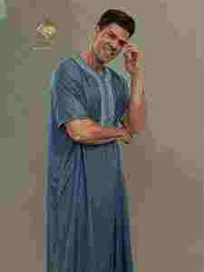 Al Haramain Men's Cotton Thobe Round Neck Short Sleeve <b>Floor</b> Length looks at you make so good - Product Image 5