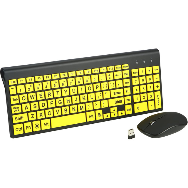 Full Size Large Print 2.4g Wireless Keyboard and Mouse With Oversized Print for Kids Visually Impaired Low Vision Individuals