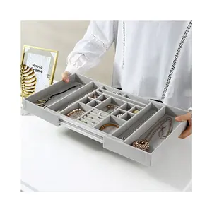 Organisateur de bijoux extensible en cuir PU, plateau de rangement amovible pour les femmes et les filles