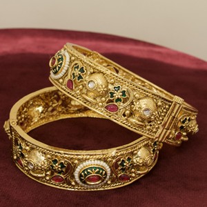 Traditional Imitation Antique Gold Plated Openable Temple Kada Bangles Set with <b>Ruby</b> Green Stone Pearls for Women Girls Wedding - Product Image 4