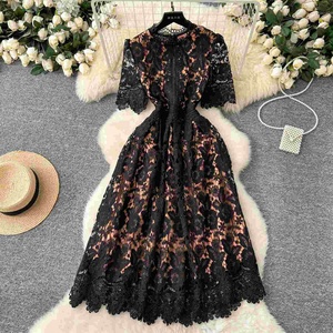 <span class=keywords><strong>Robe</strong></span> mi-longue décontractée vintage d'été pour femmes, manches courtes, empire, <span class=keywords><strong>dentelle</strong></span> ajourée, vestidos noir - Product Image 3