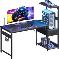 Bureau de jeu de 48 pouces avec rangement, éclairage LED, design réversible, étagères de présentation, tiroir en tissu, crochet pour casque, fibre de carbone