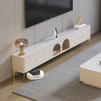 Meuble TV GECKO D037-180 de luxe italien moderne avec plateau en pierre frittée, console multimédia en bois massif, éclairage LED et porte en verre cintrée pour salon