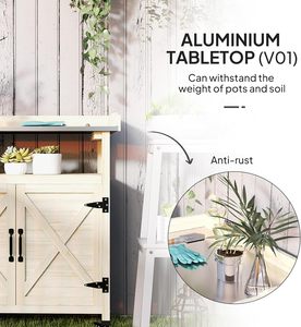 For Outdoor Wooden Potting <b>Table</b> <b>Garden</b> Workstation Storage Cabinet Aluminum Top Rubber Wheels Backyard Patio Balcony - Product Image 3