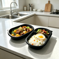 Boîte à lunch jetable en PP de qualité alimentaire pour la restauration, à emporter, utilisable au micro-ondes, 2 compartiments, anti-fuite, conteneur alimentaire en plastique