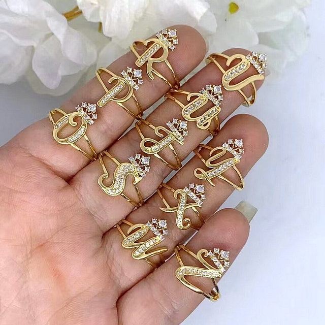 CH-LHR01883 Adjustable A-Z Gold Plated Letter Rings Clear CZ Initial Rings Plated 26 Letter Alphabet Initial CZ Rings Wholesale