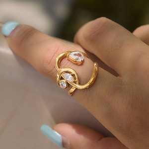 Modern Geometric 18K <b>Gold</b> Plated <b>Cocktail</b> <b>Ring</b> With Natural Diamond Pear Cut Stones Women's Fashion Jewelry - Product Image 2