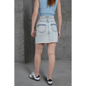 Lustrin Women's Blue 100% Cotton Tassel Detailed <b>Mini</b> Skirt for Wholesale - Fashionable & Comfortable Design - Product Image 4