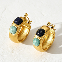 Boucles d'oreilles créoles personnalisées en laiton géométrique massif plaqué or avec fermoir en pierre naturelle Lapis-lazuli et turquoise