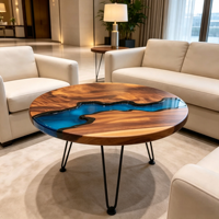 Table basse en bois naturel et résine époxy, plateau bleu incrusté, pieds en métal noir type cheveux de cheval, pour salon, villa, fabriquée au Jiangxi