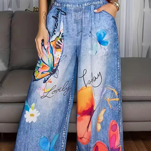 New Women's Faux Denim Print Straight Leg Pants-Mid-Waisted Loose Fit Breathable with Pockets Summer Casual - Product Image 1