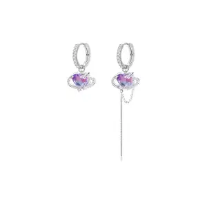 Chain gradient zircon womens 925 sliver beautiful dainty heart shaped tassel earrings