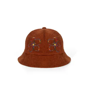 Smiley Embroidery Satin Lined Flat Wide Brim Plain Women Corduroy Fisherman Hat Winter Bucket Hat