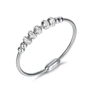 New Arrival Stainless Steel Round Beads With Sparkle Cubic Zirconia Bracelet Fashion Magnetic Buckle Bangle