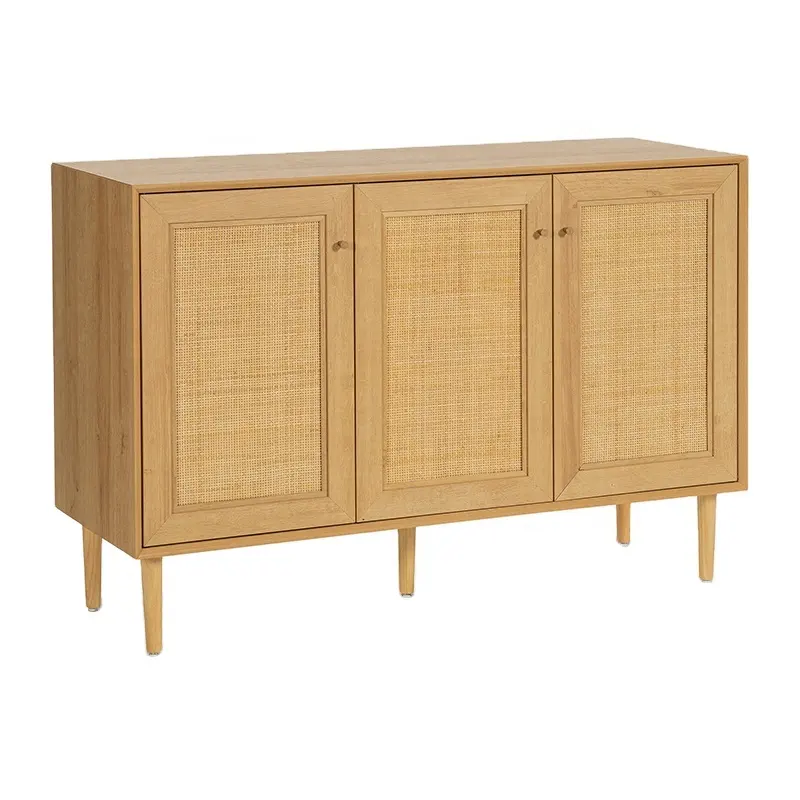 Rustic-Style 3-Door Natural OAK Wood Rattan Decor Storage Cabinet Adjustable Shelf Sideboard Living Room Accent Home Furniture