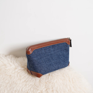 Borsa da viaggio <span class=keywords><strong>blu</strong></span> Navy in pelle di cotone Denim con cerniera con Logo personalizzato alla moda borsa per il trucco da toilette borsa per cosmetici - Product Image 1