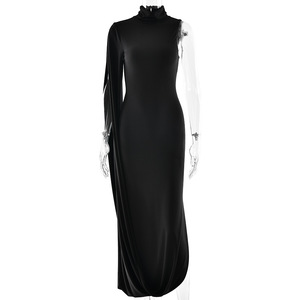 Vestido de Noche Largo Elegante para Mujer con Cuello Alto, Hombros Descubiertos, Color Sólido y Abertura, con Ajuste en la Cintura, a la Moda - Product Image 5