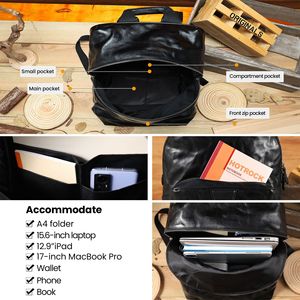 Dujiang Genuine Leather Men's <b>Backpack</b> <b>Black</b> Large Capacity Casual Travel Commuter Bag - Product Image 3