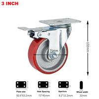 Roues pivotantes à frein en PU rouge avec noyau en fer, de 75 mm, 100 mm, 125 mm, à usage moyen, capacité 80-100 kg, pour chariot de transport
