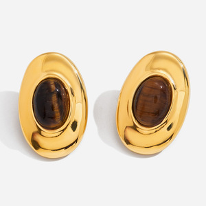 Tiger's Eye <b>Stud</b> Earrings 18K Gold Plated <b>Titanium</b> Steel Oval Geometric Party Jewelry Bezel Setting Stainless Steel Posts - Product Image 1