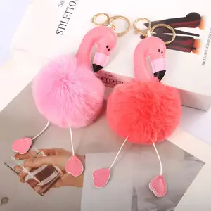 Dessin animé doux flamant rose peluche poupée porte-clés moelleux fourrure Pom Pom pendentif porte-clés rose rouge peluche boule peluche