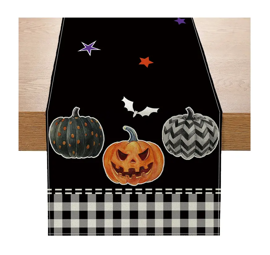 Nouveau Style Halloween Citrouille Imprimé Noir Coloré Pour Table 100% Polyester Chemin De Table Belle Décoratif