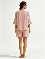 Ensemble deux pièces en lin pour femme, haut à col en V et manches courtes à volants, pantalon court à taille élastique, tenue décontractée d'été, ensemble court deux pièces pour femme