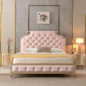 <span class=keywords><strong>Lit</strong></span> de Mariage Américain de Luxe Moderne et Simple en Cuir Rose, Taille Européenne, en Bois Massif, Style Princesse Française - Product Image 1