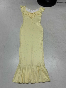 Vestido Maxi Amarillo Lechoso con Volantes, Cuello con Lazo Floral, Adorno de Encaje y Estilo Sirena, Juvenil, Versátil, Ideal para Vacaciones - Product Image 6