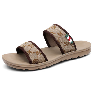 Men's Summer Casual <b>Slides</b> Lightweight Beach Sandals Korean Style Slip-On Shoes Gray Brown Youth Trendy Embossing Logo - Product Image 5