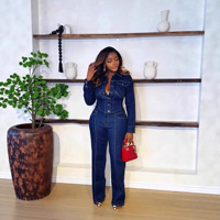 Vêtements de marque privée, nouvelle collection pour femmes, ensemble en jean à col et manches longues, pantalon large, 2 pièces