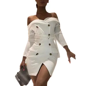 New Fashion Classy Button Mini Ladies White Bodycon Off-Shoulder Dress