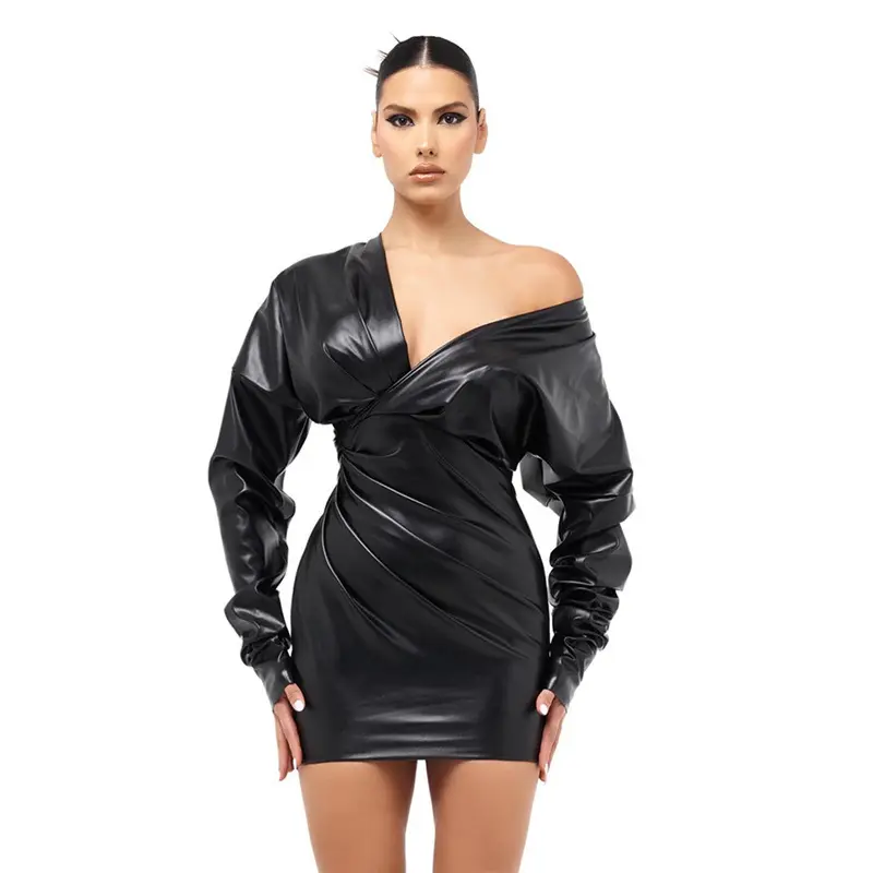 Casual Dresses Black Asymmetrical Sexy Faux Leather Bodycon Dress Women Summer Long Sleeve Knee Length Pencil