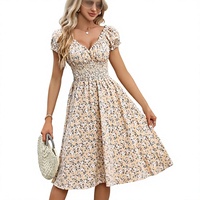 Robe midi d'été pour femme, imprimé floral vintage, décontractée, manches bouffantes, taille plissée, fluide, fabriquée en Chine, idéale pour la plage, les fêtes et le jardin