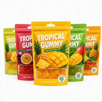 Groothandel op maat bedrukte 3-zijdig gesealde snoepzak met ritssluiting en ophanggat, verpakking voor tropische fruitgummy's, 50g 100g