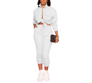 Toptan sonbahar moda düz eşofman kıyafetler 2 parça özel nakış Logo Jogger spor artı boyutu düğmeleri kadin setleri - Product Image 3