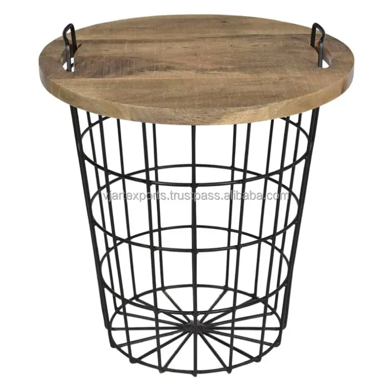 Contemporary Furniture Decorative Metal Wire Mesh Black Round Storage Basket With Wood Plate Mini Coffee Table