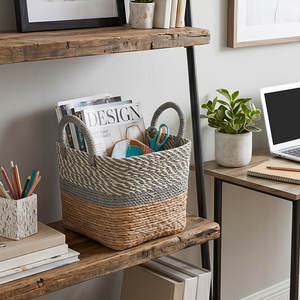 Two-Tone Woven Seagrass <b>Storage</b> <b>Basket</b> with Handles, Square <b>Wicker</b> <b>Shelf</b> Organizer Bin for Closet and Living Room - Product Image 5