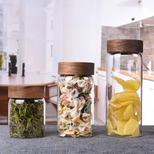 Récipients alimentaires pot de stockage en verre à haute teneur en borosilicate avec couvercle à vis en bois d'acacia hermétique