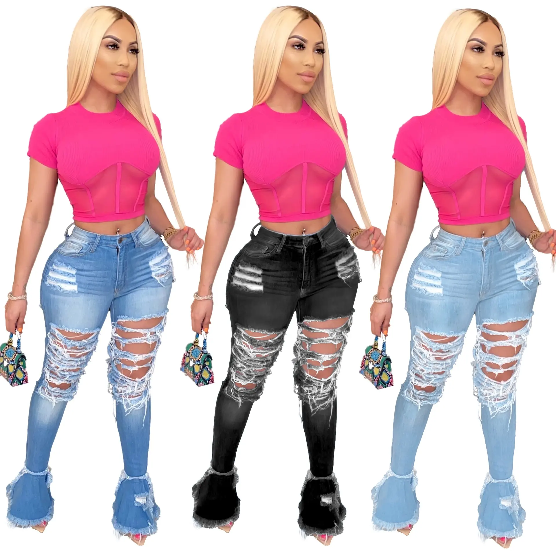 2023 New Design Wholesale Ladies Sexy Bell Bottom Jeans Stacked Stretch Skinny Plus Size Flare Denim Pants Ripped Women Jeans