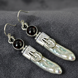 Vintage 925 Sterling Silver Garnet <b>Earrings</b> With Pearl Drop Design Women's Everyday Wear Jewelry - Product Image 3